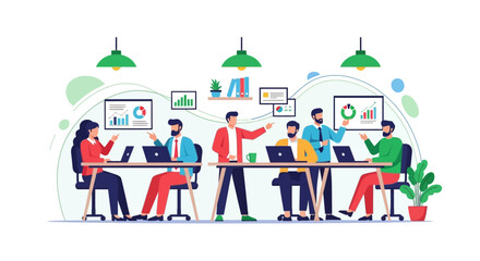 Naklejka premium Business Team Collaboration: Group Meeting, Analytics, Data Presentation, and Strategic Planning
