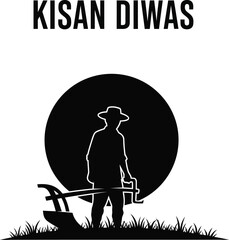 Silhouette illustration of a farmer with a plow kisan diwas, national farmers day concept