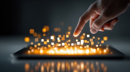A hand hovers above a tablet, emitting glowing squares, symbolizing digital interaction and technology.