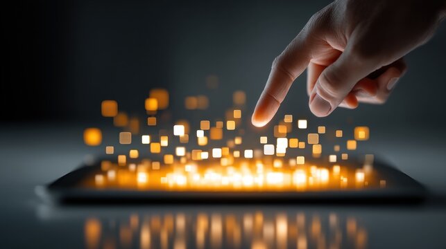 A hand hovers above a tablet, emitting glowing squares, symbolizing digital interaction and technology.