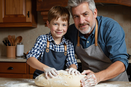 Happy senior grandfather and his young grandson wearing aprons and smiling while mixing and preparing fresh bread dough together in a home kitchen - Powered by Adobe