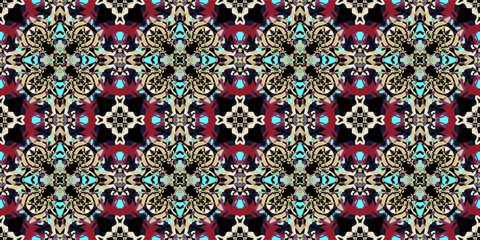 Luxurious Ornate Kaleidoscope Seamless Pattern in Jewel Tones.  Victorian Era Inspired Ornamental Tileable Design. Abstract Mandala Style Repeating Motif