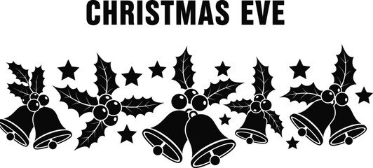 Christmas eve with bells, holly, berries and stars festive holiday vector illustration