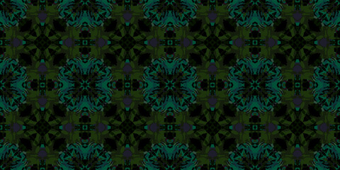 Geometric Abstract Rosette Motif in Deep Forest Colors. Dark Emerald and Black Abstract Symmetrical Seamless Pattern.
