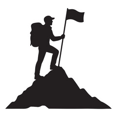 Silhouette of a hiker standing triumphantly on a mountain peak vector illustration