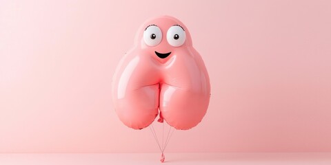 A pink balloon with a smiling face, standing on a pink background with a pink wall.
