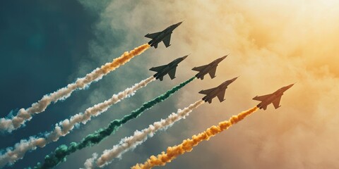 Six fighter jets in formation with colorful trails against a blue sky with a golden hue, possibly representing India's Air Force
