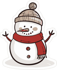 Happy cute snowman in black hat, red scarf and gloves isolated on white background. Vector illustration of snowman