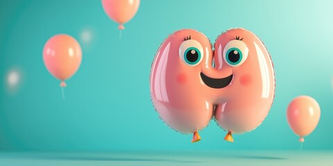 A pink balloon with a face and a smile, floating in the air with other balloons in the background.