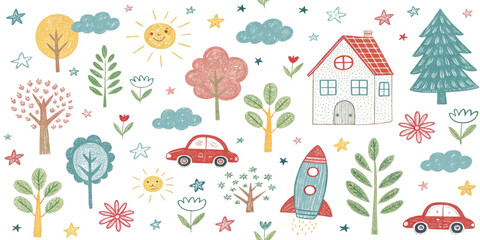 Whimsical hand-drawn doodle seamless pattern with house, rainbow, rocket, flowers, clouds, sun, trees, stars, and car. Cute colorful kids sketch background for fabric, wallpaper, or stationery.