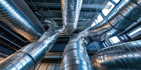 A complex network of metallic ducts and pipes, possibly part of an industrial or commercial HVAC system, running through a modern building with large windows and exposed ceiling beams.