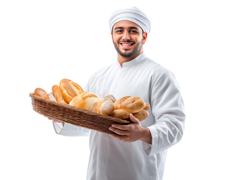 Smiling Middle Eastern Baker Holding Basket of Fresh Bread isolated on a transparent background - Powered by Adobe