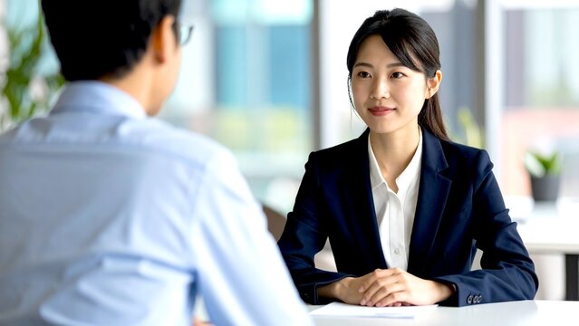 若い日本人女性がオフィスで面接をしているイメージ 16:9サイズ