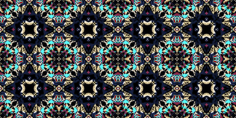 Luxurious Ornate Symmetrical Tileable Background in Dark Colors. Black, Navy Blue, and Turquoise Abstract Damask Wallpaper. Rich Color Abstract Decorative Background with Cyan Accents

