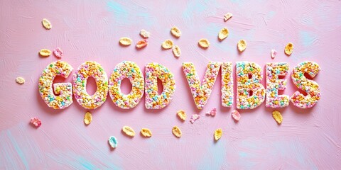 A colorful, playful arrangement of cereal pieces spelling out the word 'GOOD VIBES' on a pink and blue background with scattered cereal pieces around.