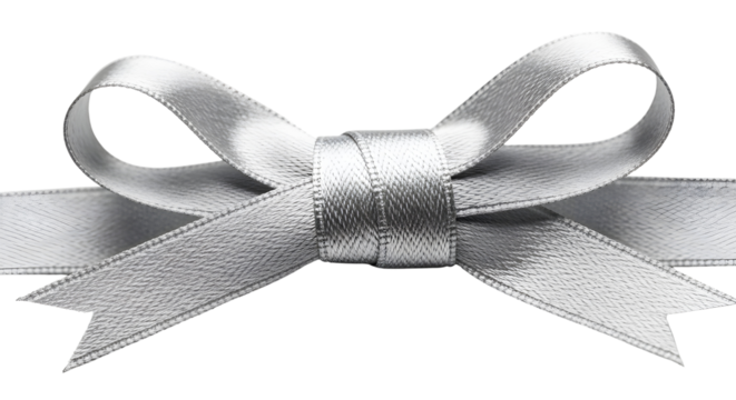 Elegant silver satin ribbon bow for luxury gift wrapping and holiday presentations isolated PNG with Transparent Background