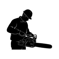 Lumberjack operating chainsaw with transparent background