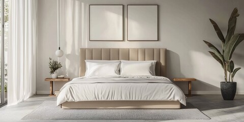 A minimalist bedroom with a beige bed, white walls, and a potted plant on the right side.