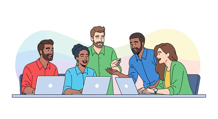 Team Of Professionals Laughing While Working On Laptops During Brainstorming Session