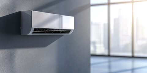 A modern, sleek air conditioner mounted on a wall in a spacious, well-lit room with large windows overlooking a city skyline.