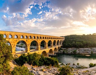 Obraz premium Pont du Gard - Ancient Roman Aqueduct in Southern France at Sunset.