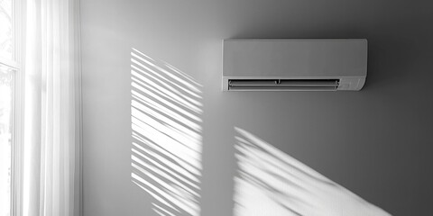 A modern, sleek white air conditioner mounted on a gray wall, with light streaming through a window in the background.