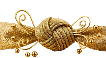 Shiny golden festive knot design element with rope and glitter ribbon isolated PNG with Transparent Background