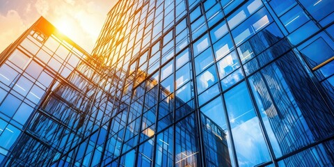 A modern glass skyscraper with reflective windows, illuminated by sunlight, set against a clear blue sky with scattered clouds.