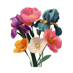 Vibrant bouquet of assorted colorful flowers including poppies and irises isolated on transparent background