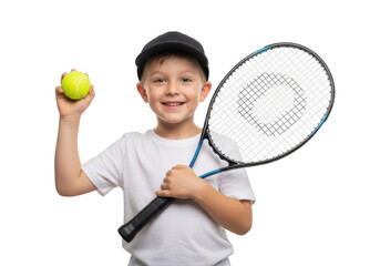 Smiling boy holding tennis racket and ball sports training youth athlete