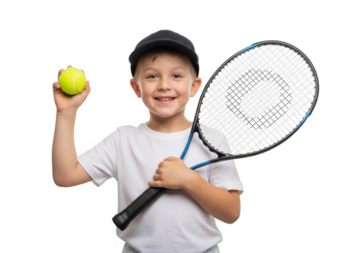 Smiling boy holding tennis racket and ball sports training youth athlete