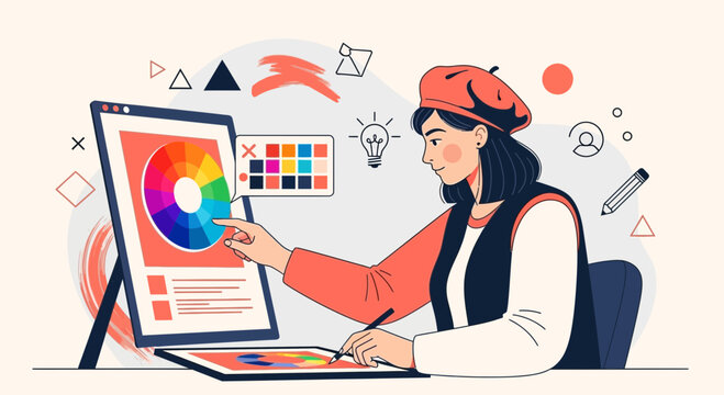 Creative Designer Working On Color Palette Selection and Digital Design Process