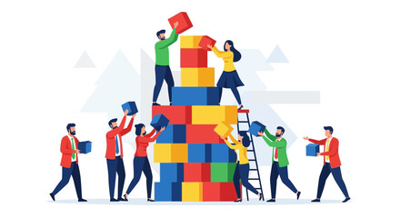 Teamwork And Collaboration: Building A Tower With Colorful Cube Blocks Together