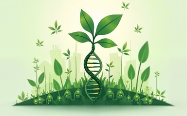 The idea of green biotechnology or synthetic biology, illustrated by a graphic merging a plant with a DNA structure. High quality