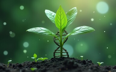 The idea of green biotechnology or synthetic biology, illustrated by a graphic merging a plant with a DNA structure. High quality
