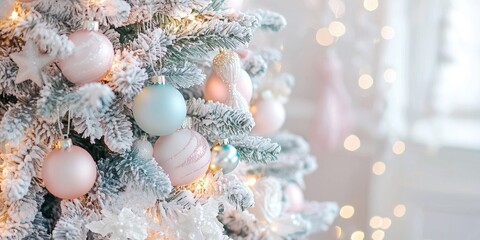 A beautifully decorated Christmas tree with pink and white ornaments, surrounded by fairy lights and a white background with a window in the background.