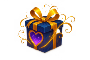 Gift box with golden ribbon and glowing heart, representing love, celebration, and magic on transparent background