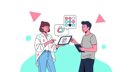 Two People Analyzing Information and Ideas Using Modern Digital Technology