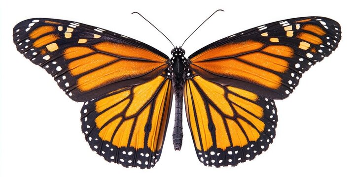 A monarch butterfly with orange wings and black markings, perched on a white background with a black border.