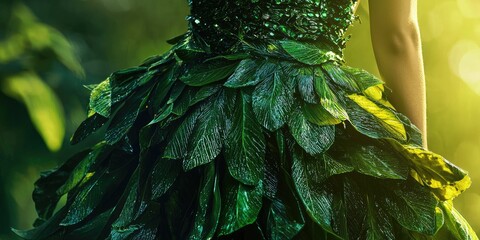A woman in a green leafy dress with a sequined bodice stands in a lush, green forest setting, with sunlight filtering through the leaves.