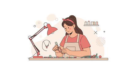 Woman Crafting Jewelry at a Table, Preparing to Fashion Necklaces and Bracelets