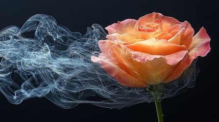 A vibrant, delicate rose blooming amidst flowing, ethereal smoke on a dark background