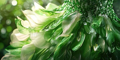 A lush, green and white floral arrangement with intricate details, set against a blurred green background with bokeh effect, creating a serene and natural atmosphere.