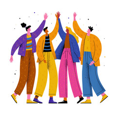 Diverse group of people celebrating together with raised hands and high fives isolated on transparent background