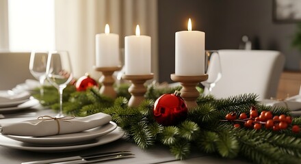 Christmas table setting with candles and decorations for holiday dinner