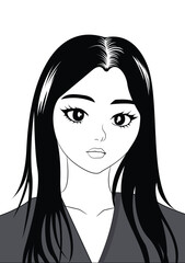 Beautiful Anime Girl Portrait in Black and White — Manga Style Illustration
