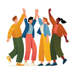 Diverse group of four friends celebrating with high fives and joyful expressions isolated on transparent background