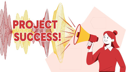 Woman Announcing Project Success Via Megaphone With Abstract Sound Wave Visuals