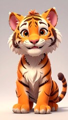 Cute tiger cub in a friendly, cartoonish sitting pose