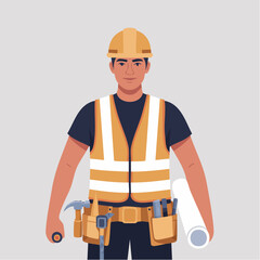 Fototapeta premium Skilled male construction worker character in safety uniform, wearing a hard hat and reflective vest, holding architectural plans and a tool belt, ready for building projects